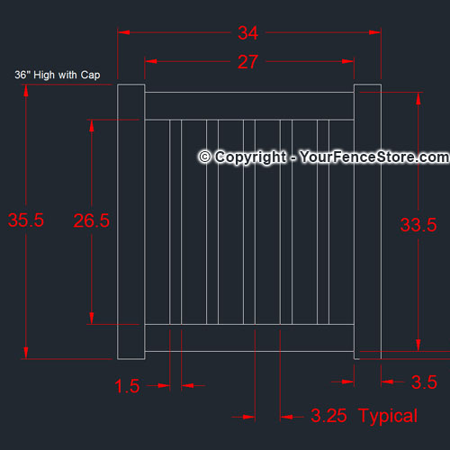 Deck Vinyl Railing Gate Specifications Drawing illustrates a gate 34" wide x 35.5" high